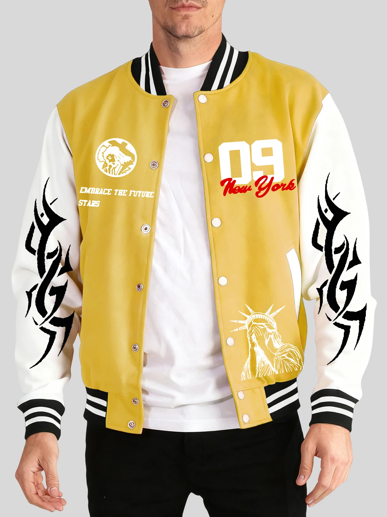 

Нью-Йорк Embrace The Future Stars Prints Мужской бейсбольный трикотаж Осенне-зимние куртки Спортивная одежда на пуговицах Мягкий винтажный спортивный костюм