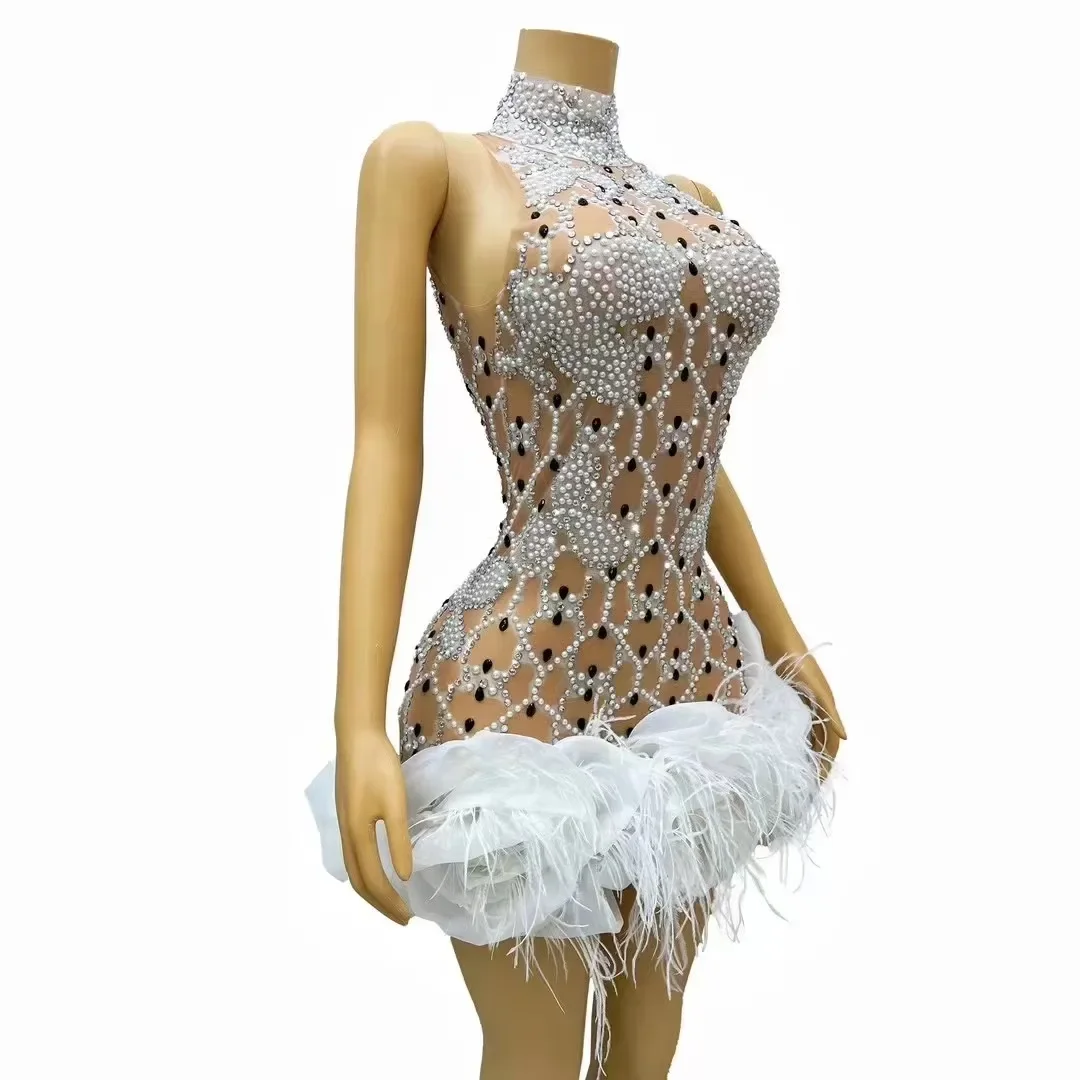 Strój imprezowy dżetów perły koronkowa sukienka z piórami kobiety urodziny suknia wieczorowa etap wykonaj kostium do sesji zdjęciowej