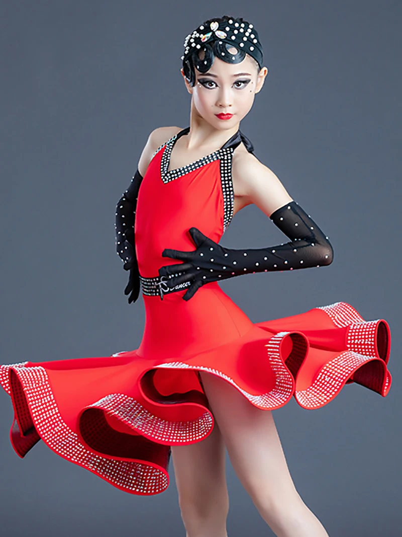 

Children's Latin Dance Costume Professional Competition Halter Backless Diamond Bodysuit and Swing Skirt Performance Dancewear