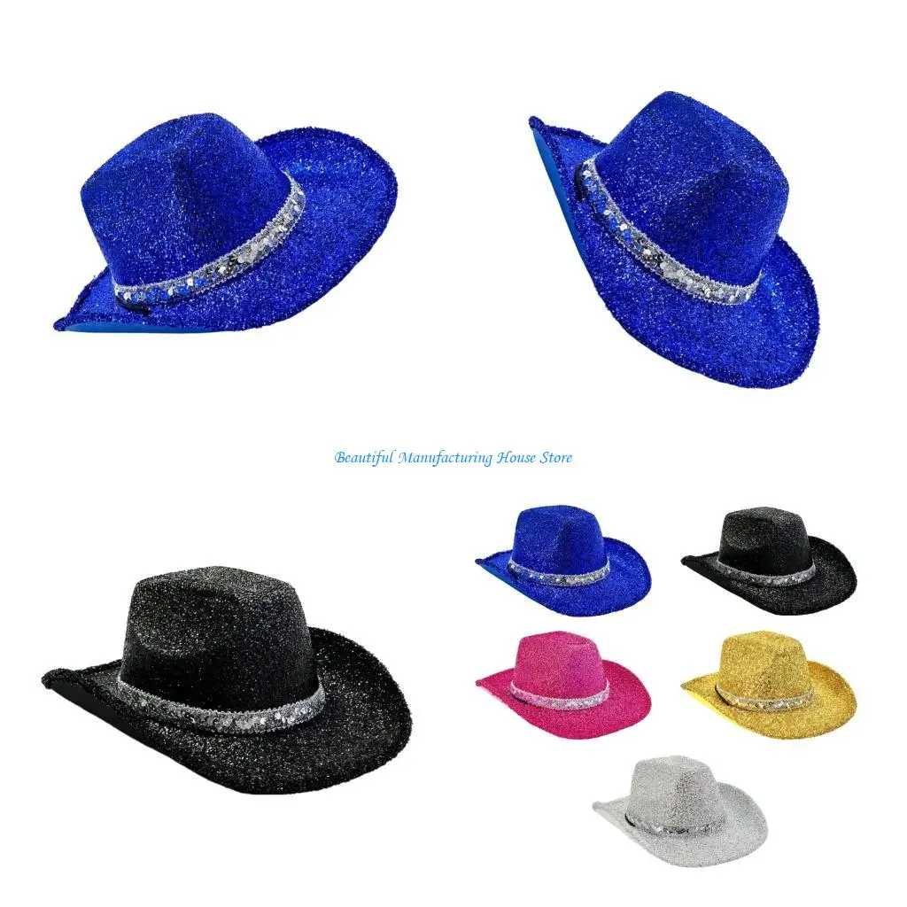 

E56A Shimmering Glitters Powder Western Hat With Roll Brims Comfortable Western Hat