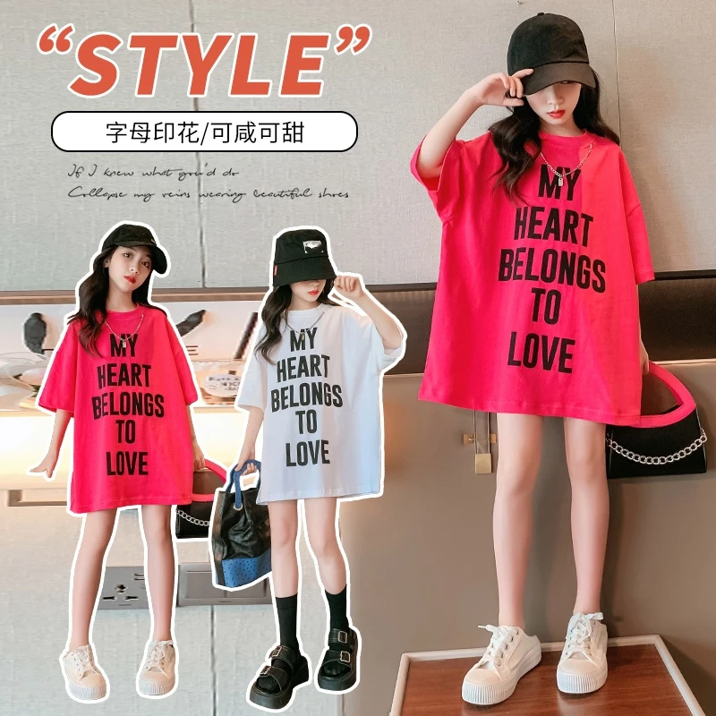 Girls Summer Letter Print T-Shirt MY HEART BELONGS TO LOVE Oversized Casual Tee Kids Cute Short Sleeve Cotton Top