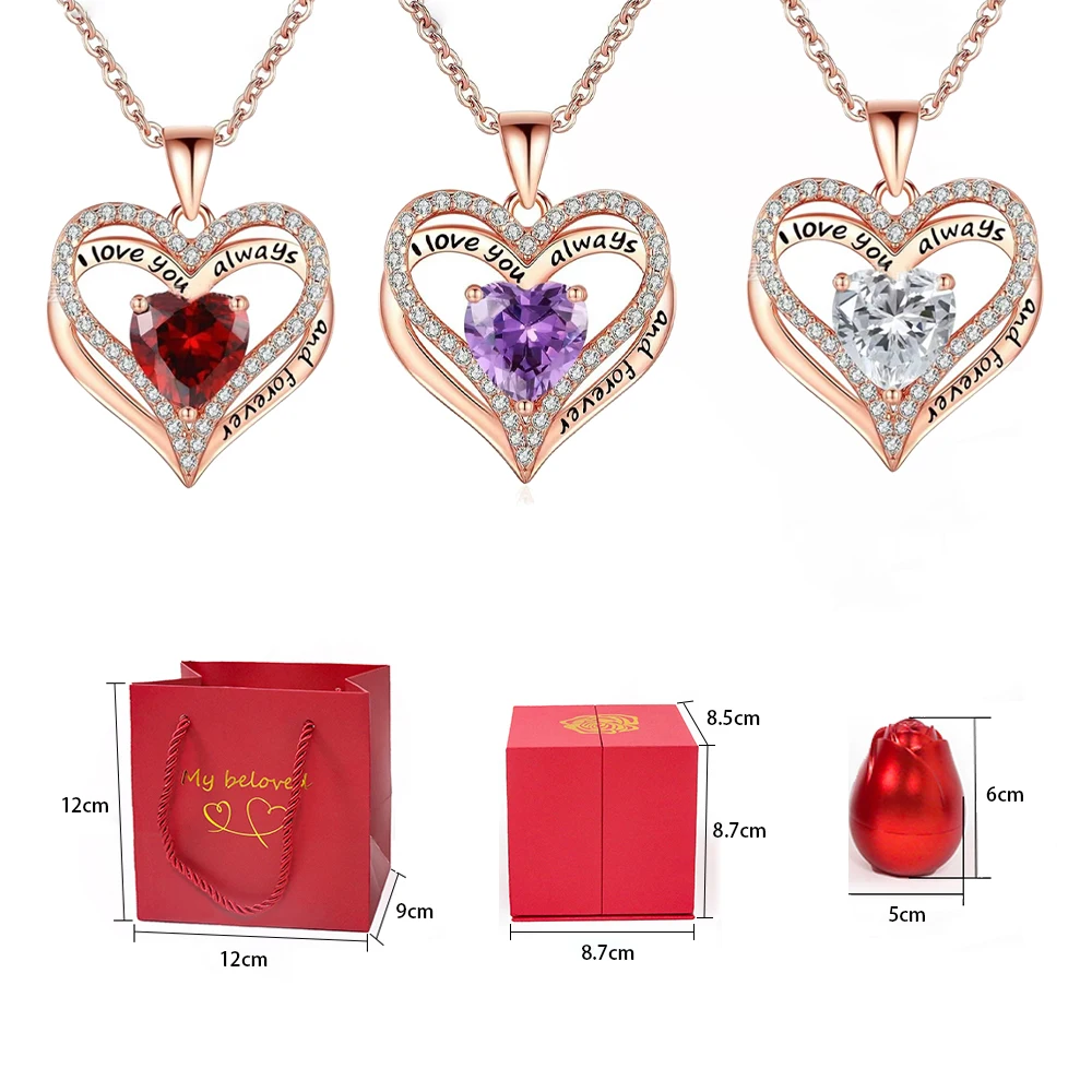 Heart Zircon Necklaces Pendant With Elevatable Red Rose Flower Gifts Box For Women Wife Girlfriend Mother 2025 Romantic Jewelry