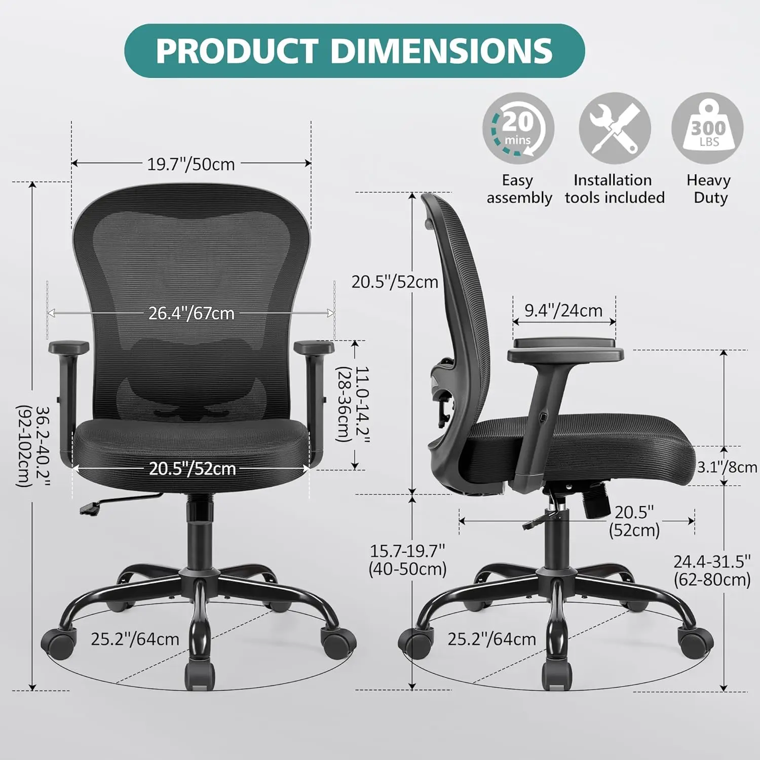 Office Chair Ergonomic Computer Desk Chair High Back Breathable Mesh Chair with Adjustable Lumbar Support 2D Armrests