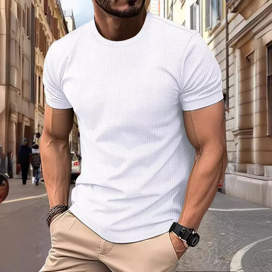 New Men's High-End Mesh Ice Silk Short Sleeve T-Shirt Comfortable Round Neck Summer Solid Color High Quality Casual Nylon Halter