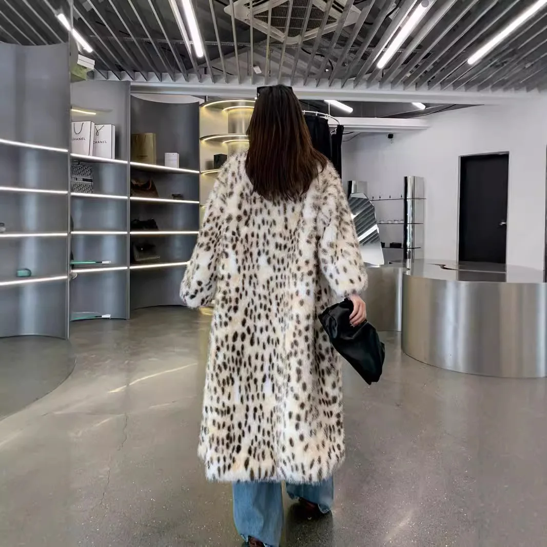 Frauen Faux Fuchs Pelz Lange Mäntel Leopard Print Dicke Warme Mantel Drehen Unten Kragen Jacken Y2k Streetwear Oberbekleidung Herbst Winter