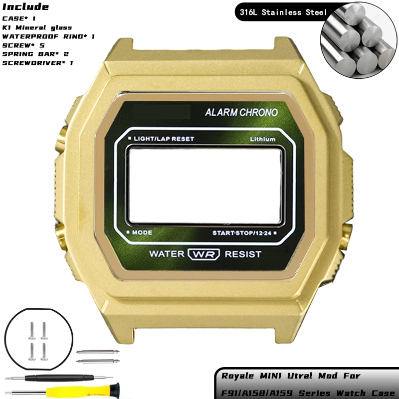Royale Ultra Mod für CASIO F-91/A158/A159 Uhrengehäuse 316L Edelstahl K1 Mineral Poliert Gebürstetes Mattes Gehäuse Sunray Zifferblatt-Set – Detail 16
