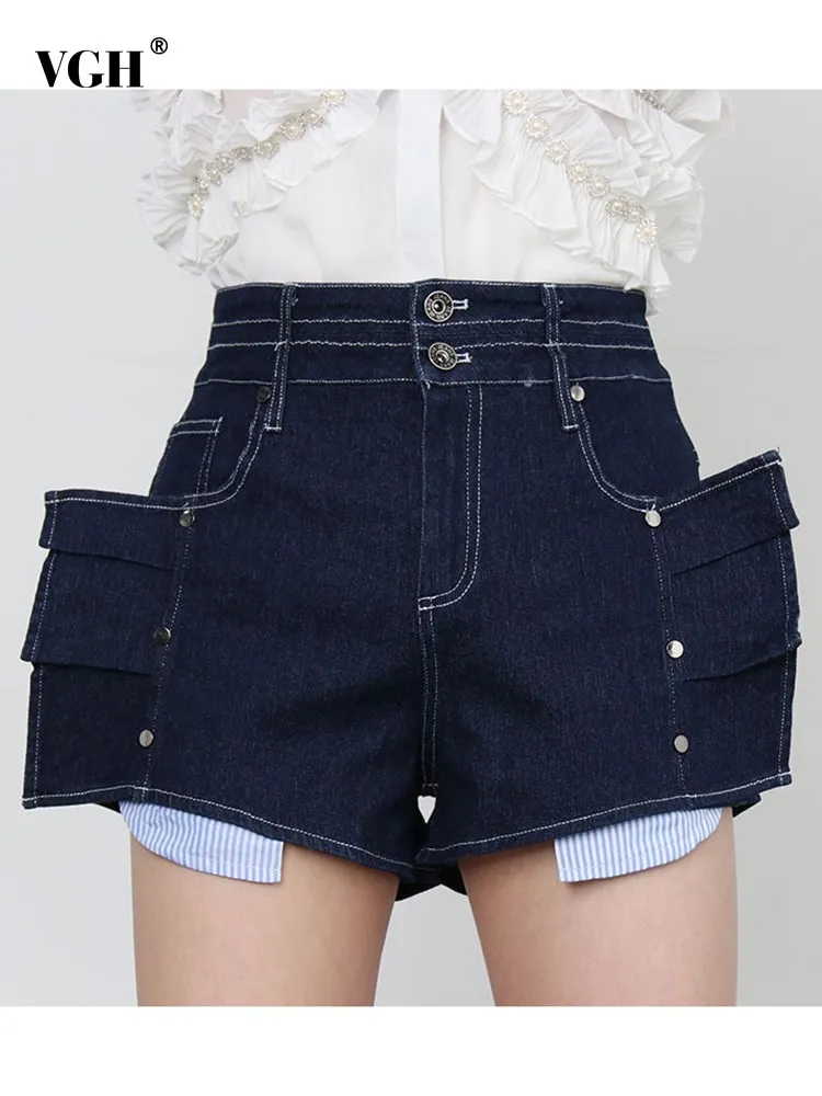 VGH hit color irregular denim shorts for women high waist patchwork pocket minimalist casual short pants female fashion style