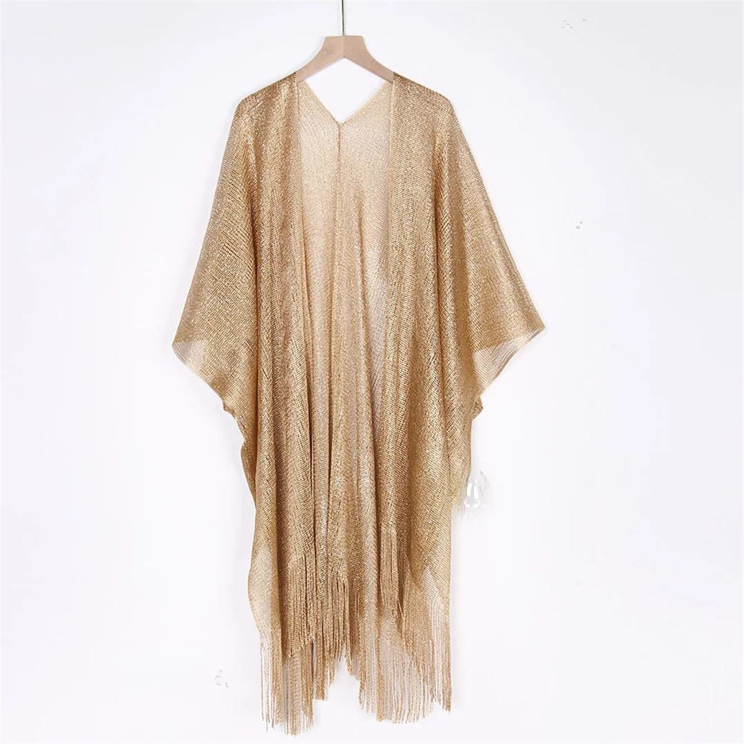 Sexy Fransen-Quasten-Netzstoff-Transparente Glänzende Strick-Tunika Strand-Überwurf Strandkleid Strandkleidung Damen V3321 – Detail 36