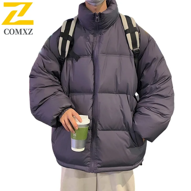 COMXZ Men's Winter Jacket Fashion Trendy Solid Color Warm Skiing Puffer Jacket Street Windproof Comfortable Cotton Padded Jacket