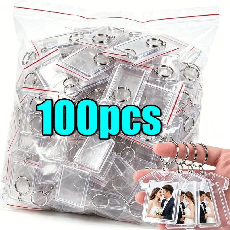 100PCS Blank Photo Frame Keychain Clear Acrylic Keyring Insert Photo Split Key Pendant DIY Key Holder Couple Anniversary Gifts