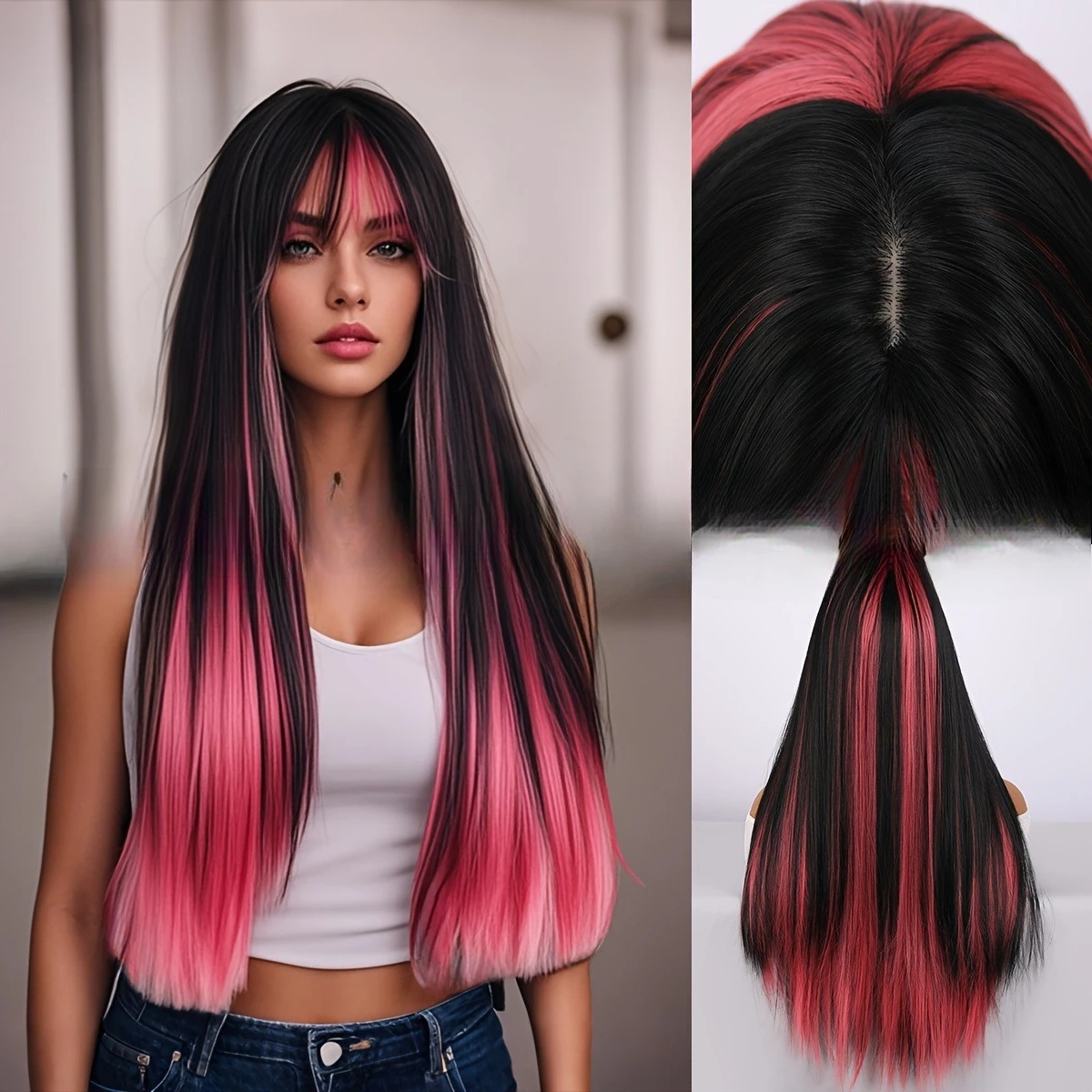 

European and American popular 26-inch bangs black pink women's wig rose intranet