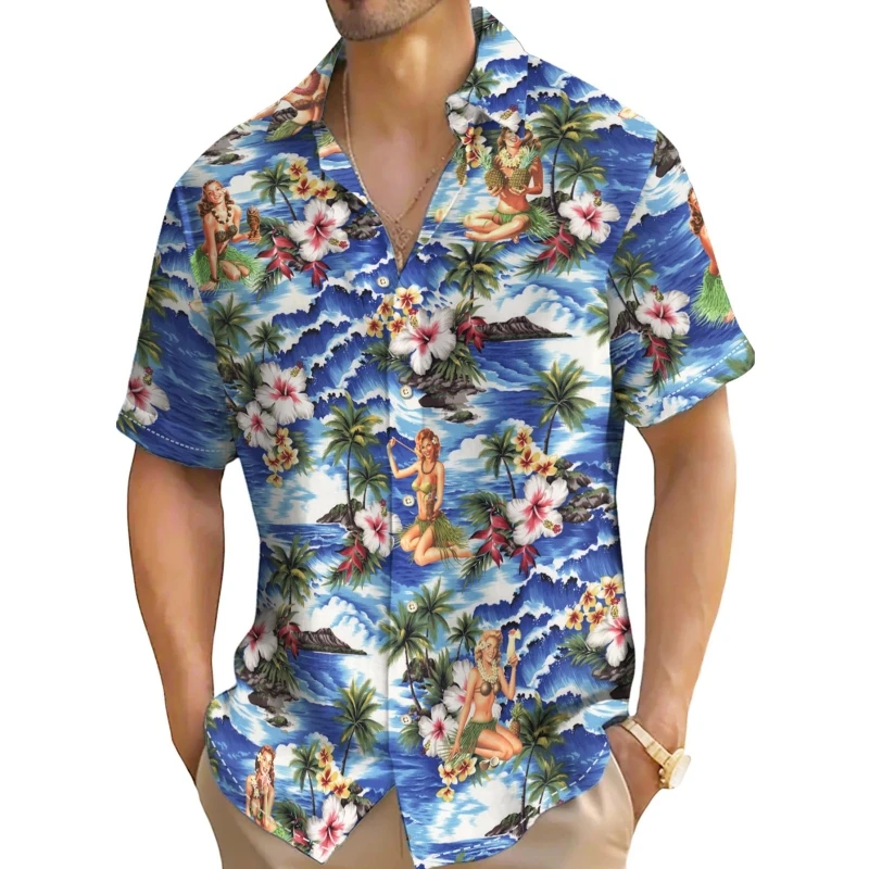 Camisa de manga curta com estampa de coqueiro masculina, retrô, casual, havaiana, solta, extragrande, nova, verão