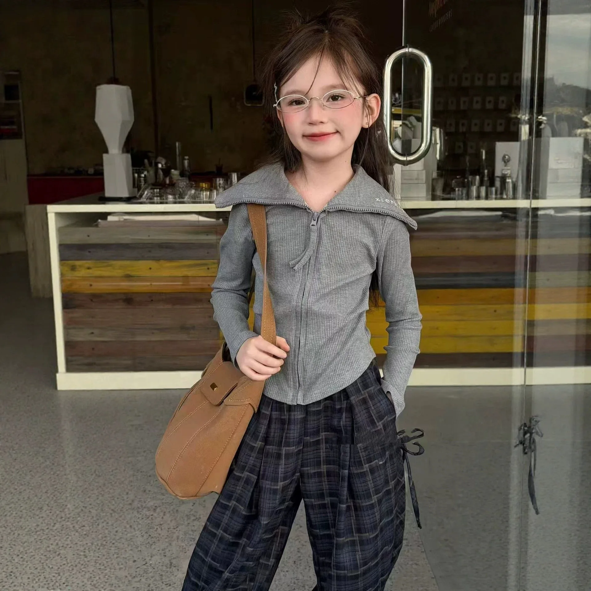RAISE Autumn Kids Girls Two Piece Outfit Lapel Zipper Children Girls Knit Cardigan Suit Toddler Babys Girls Plaid Pants 2Pcs Set