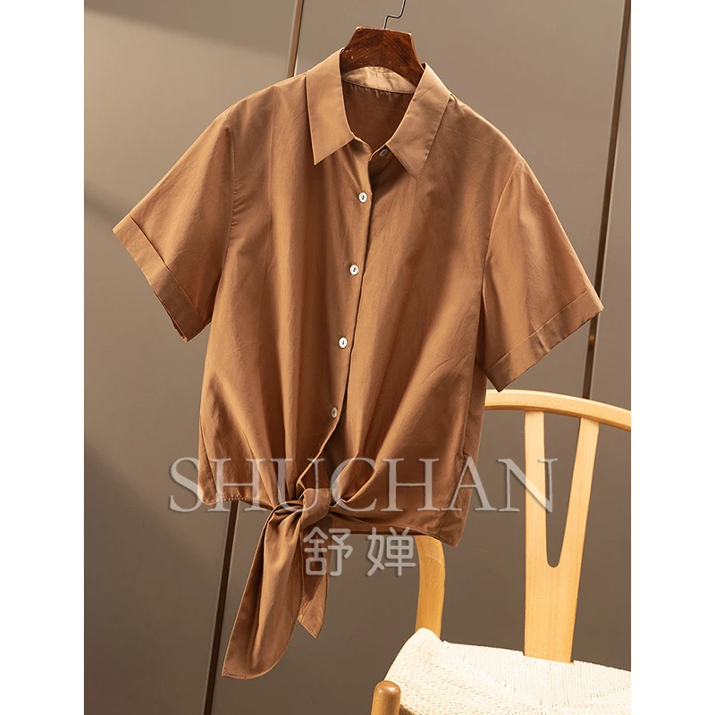 قميص نسائي عالي الجودة بتصميم قطني حريري برباط وأكمام قصيرة 55A0 Blusas Mujer De Moda 2025 Verano