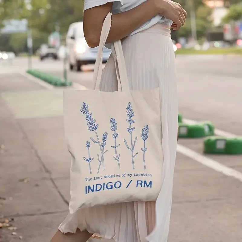 Aesthetic Blue Lavender Sketch Canvas Tote Bag Botanical Plant Print Reusable Lightweight Daily Shopping Shoulder Tote Bag