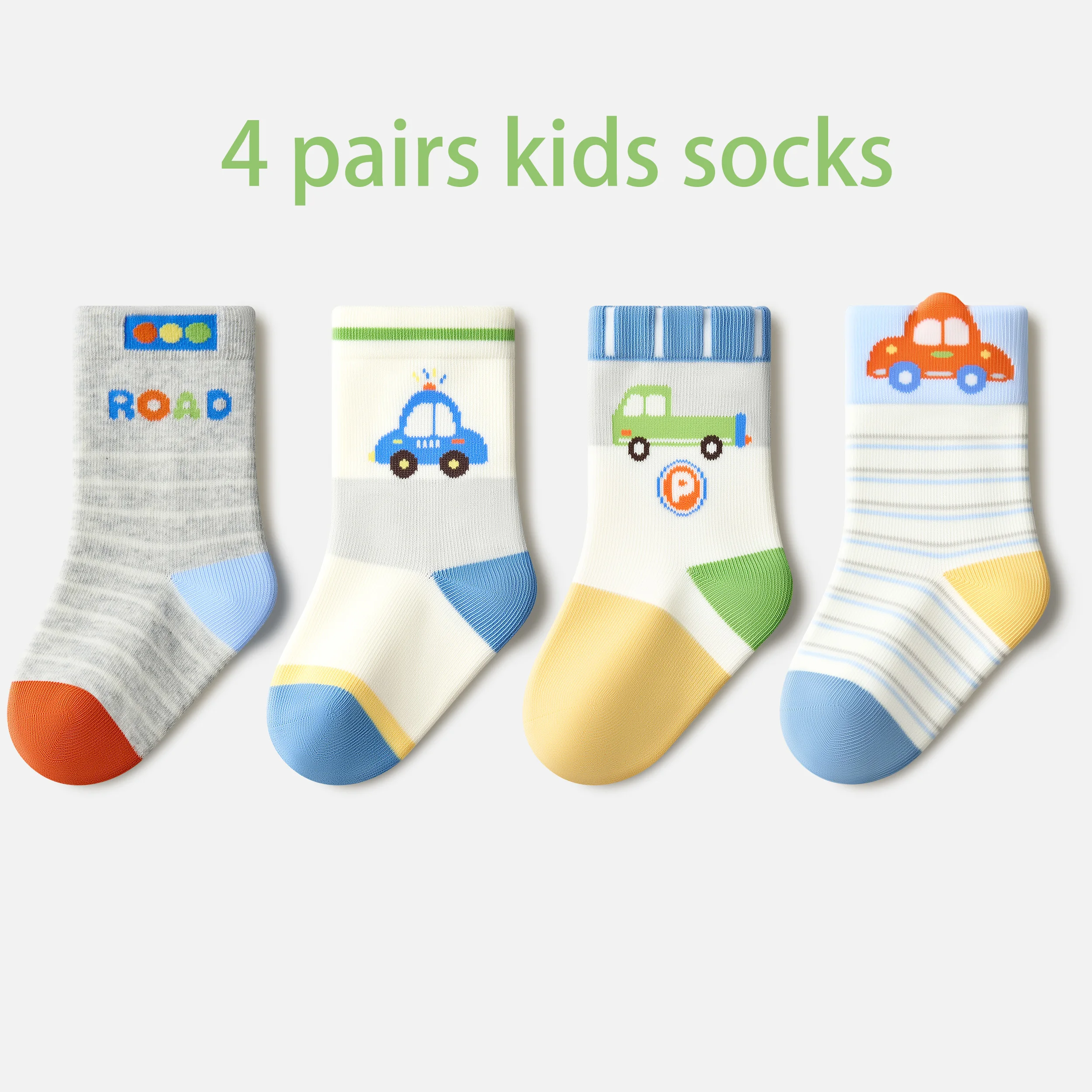 Beibi 4-Pack Children's Autumn Winter Mid-Calf Socks Cartoon Car Alphabet Pattern Printed Suitable for 0-6 Months Baby Toddler