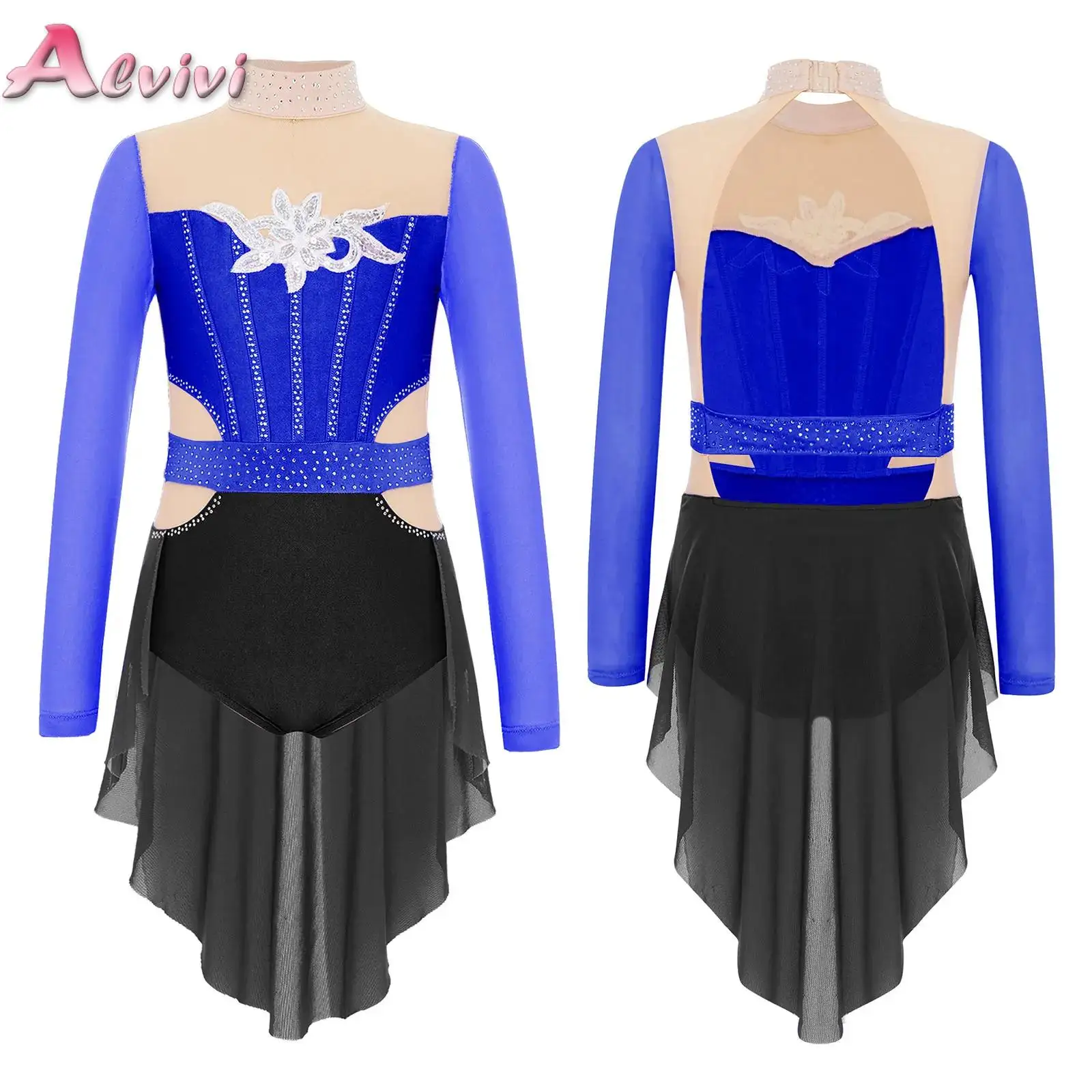 

Kids Girls Modern Lyrical Dance Dress Long Sleeve Cutout Back Shiny Sequins Mesh Skirted Leotard Performance Competition Costume