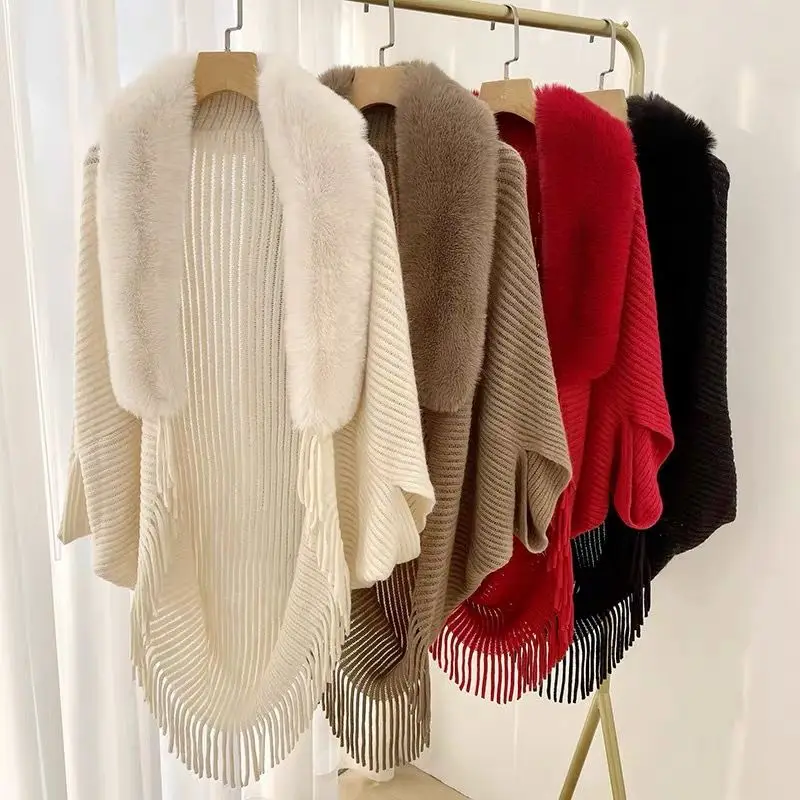 

2025 New Faux Fur Collar Tassels knitted Shawl Fashion Autumn Winter Women Cape Lady's Loose Coat White Cloak Poncho Capes
