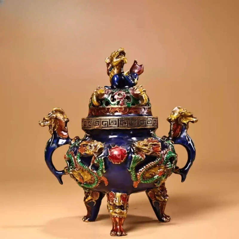 Antique Folk Art Incense Burner Cloisonne Copper, Chinese Zodiac Tripod Censer with Handles, Vintage Collectible Home Decor