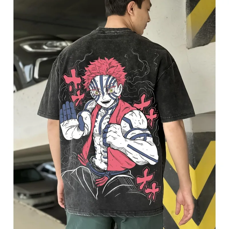 

Japanese Anime Demon Slayer Akaza Graphic Washes T-shirts Women’s Men's Clothing Loose Cotton Shirt Harajuku Y2K Vintage Tops