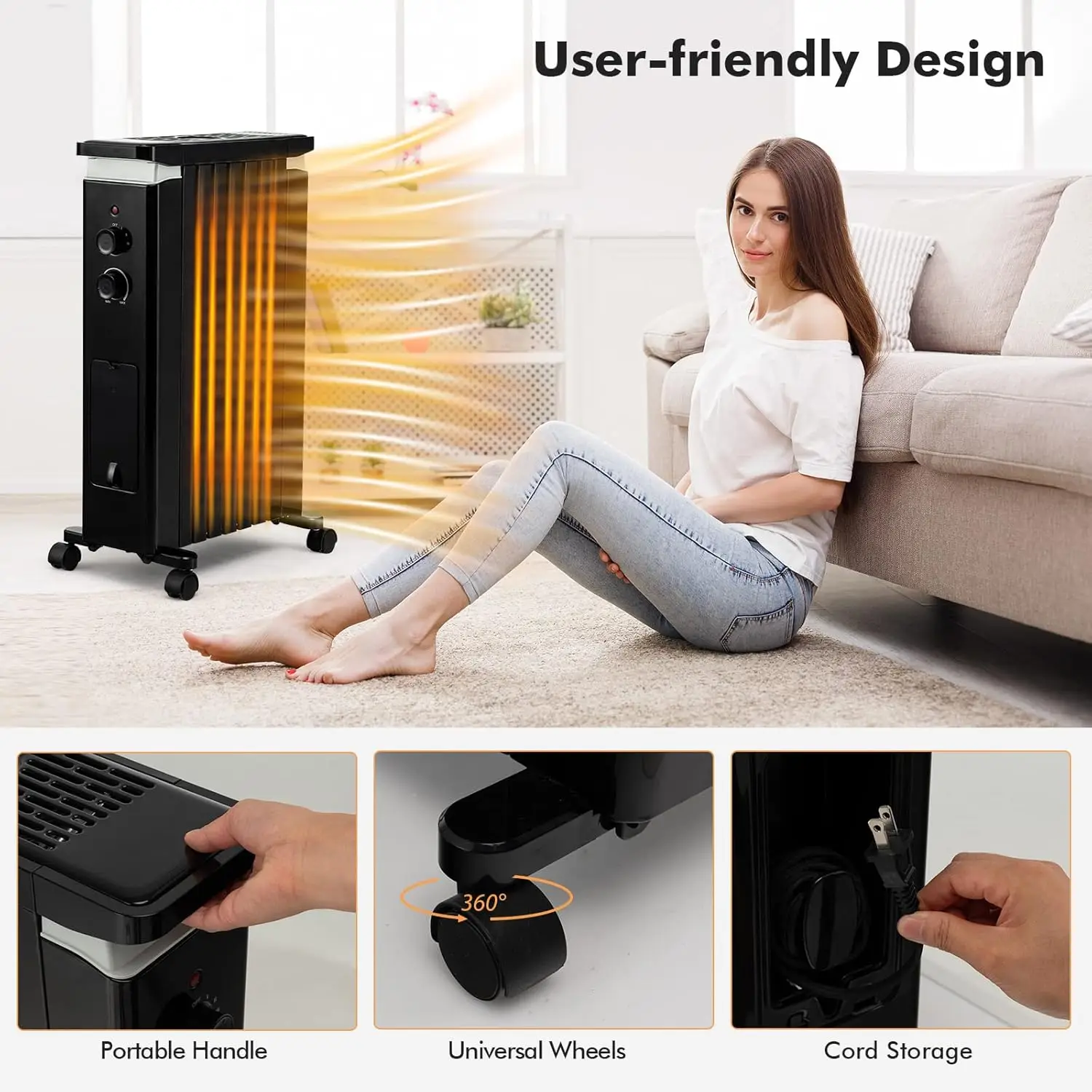 Oil Filled Radiator Heater, 1500W Electric Portable Space Heater with 3 Heat Settings and Built-In Thermostat, Oil Heate