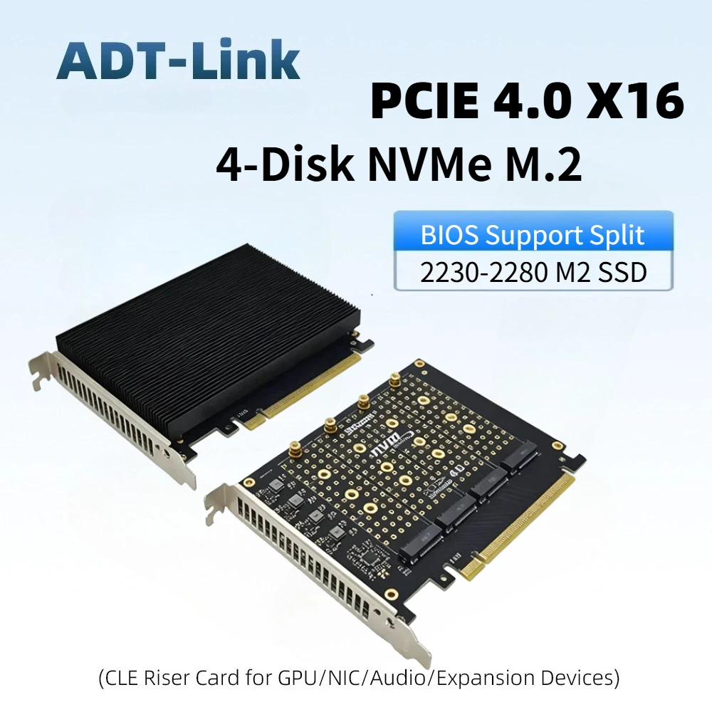 Split-Free PCIe 4.0 X16 To NVMe 4-Bay Expansion Card PLX8747 4-Disk NVMe M.2 Solid-State SSD Hard Drive Split Card With Heatsink
