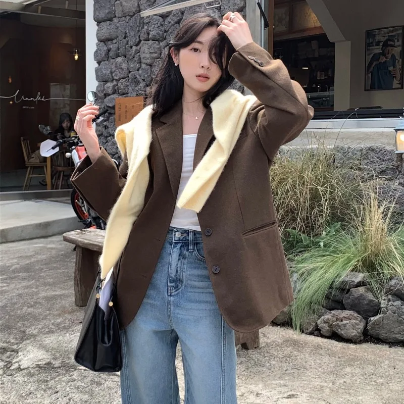 Jaet de lã feminino casual único botão notch colarinho solto ajuste vintage sle commute faion thi outono longo sve