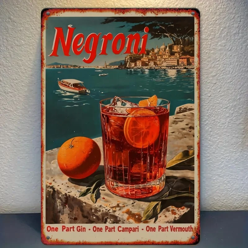 , Negroni Cocktail Themed Retro Metal Tin Sign, Frameless Square Iron Hanging Picture, Vintage Style Painted Artwork for Home 