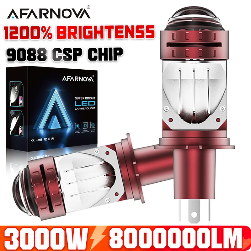 

Светодиодные лампы для автомобильных фар H4/9003/HB2, 3000 Вт, 8000000 лм, с линзой-проектором, 6500K, белый свет, ближний/дальний свет, автолампа, Canbus, Plug&Play, 12В/24В