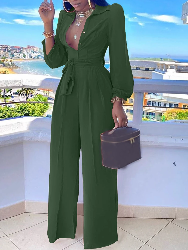 Casual Jumpsuit for Women Spring Summer 2023 New Fashion Solid Color Lace Up Shirt Collar Two-Piece Suit Jumpsuits