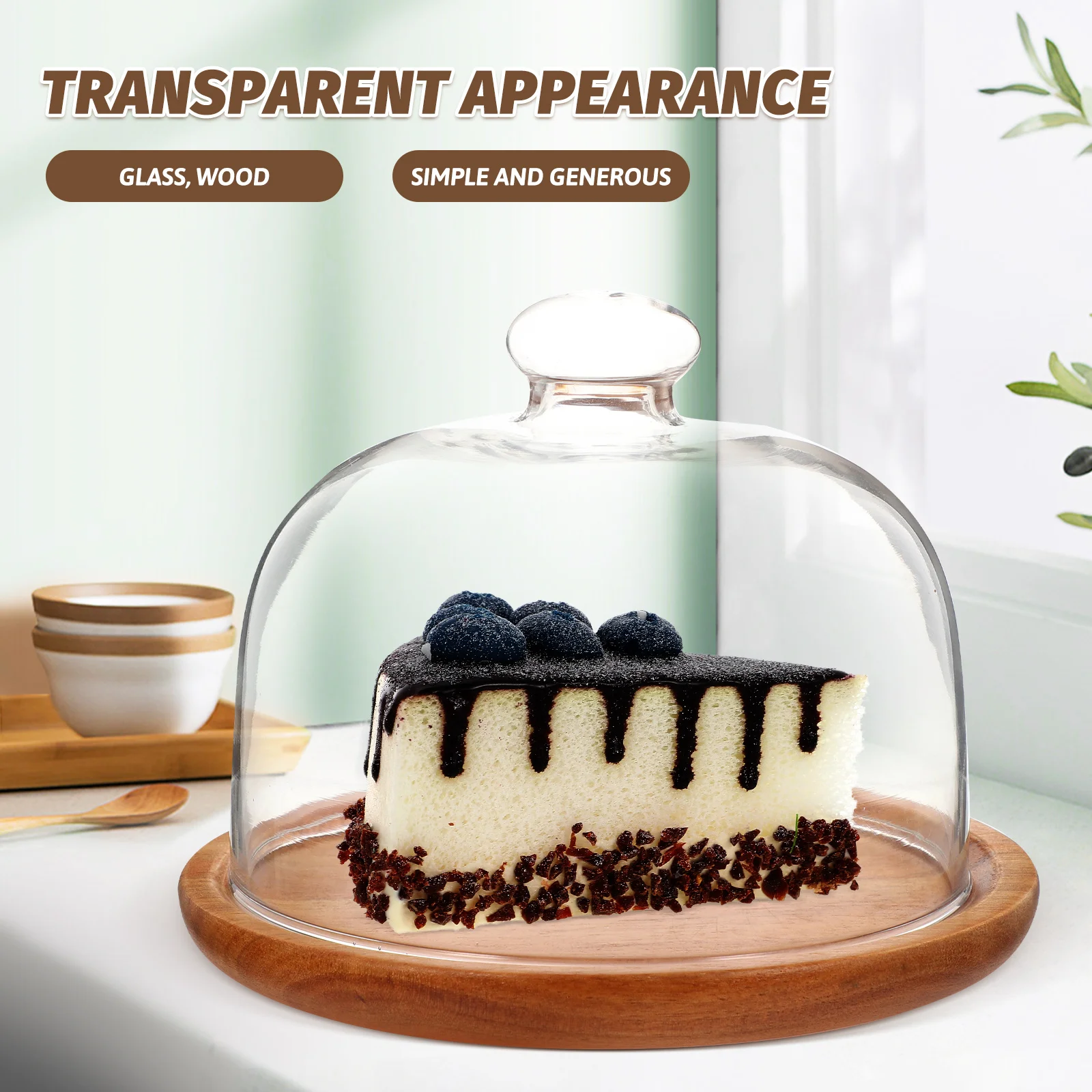 

1Set Glass Lid Cake Plate Premium Wood Clear Dome Display Stand Reusable Easy Clean Stylish Kitchen Party Decor