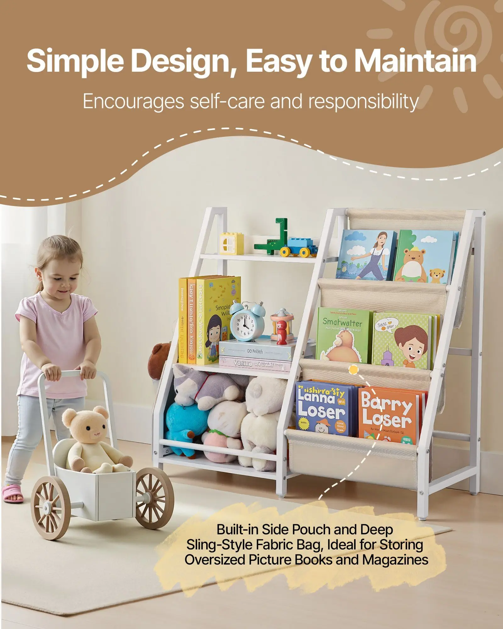 3-Tier Kids Bookcase with Sling Rack and Storage Bag 7 Open Sections Child-Safe Edges Easy Assembly Toy & Book Organizer