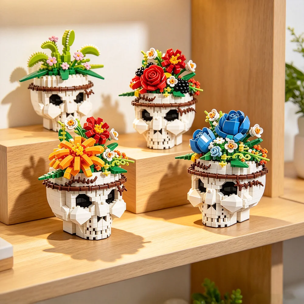MOC Gothic Skull Building Blocks Multiple Styles Floral Skeleton Model Halloween Home Desktop Decor Collectible Gift for Adults
