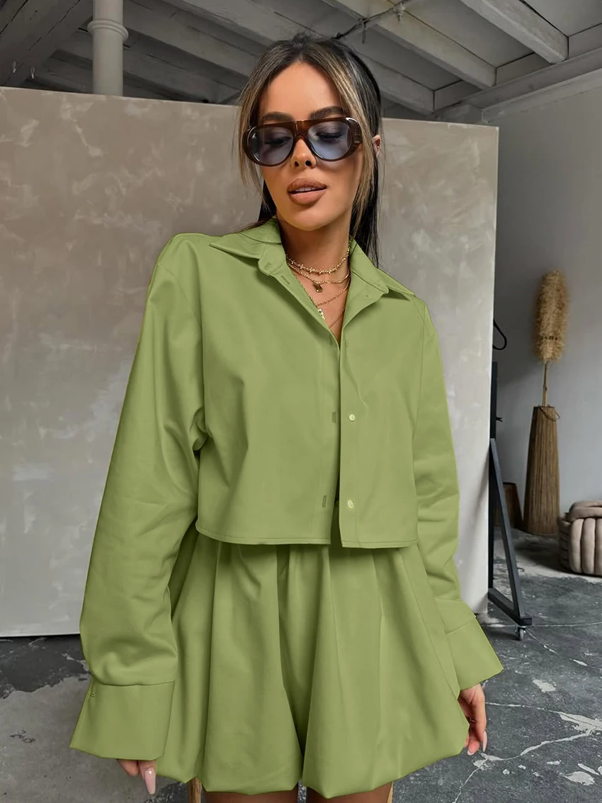 Marthaqiqi Casual Women Sleepwear Set Long Sleeve Pajama Crop Top Nightwear Turn-Down Collar Nightie Skirt Ladies Nightgown Suit