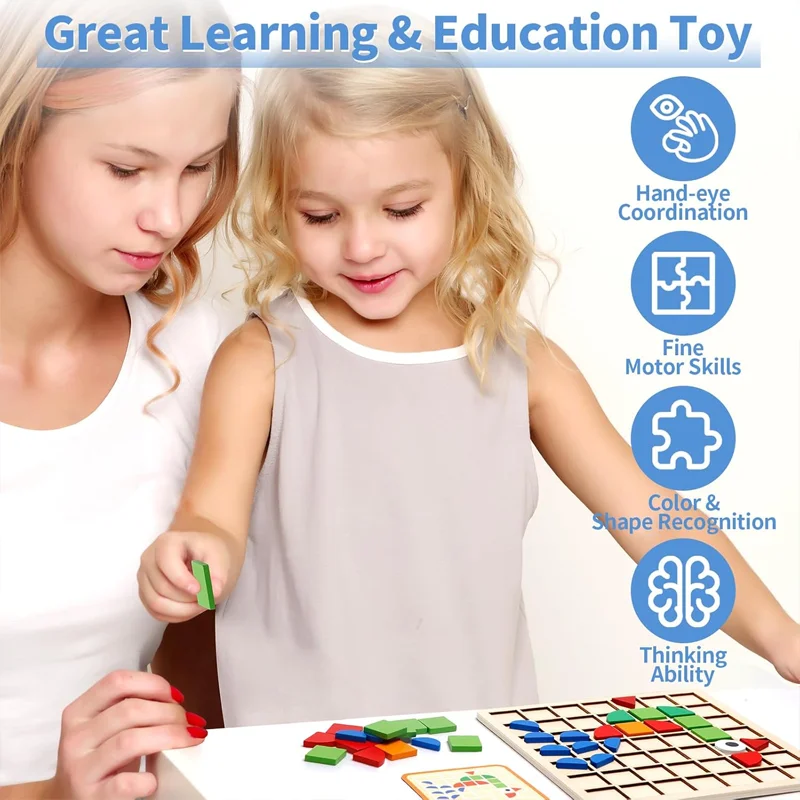 Montessori Tangram Educatief Geometrische Vormen Puzzel Speelgoed met 120 Stuks Houten Puzzelblokken en 20 Stuks Kaarten Patroon Kinderen Geschenken