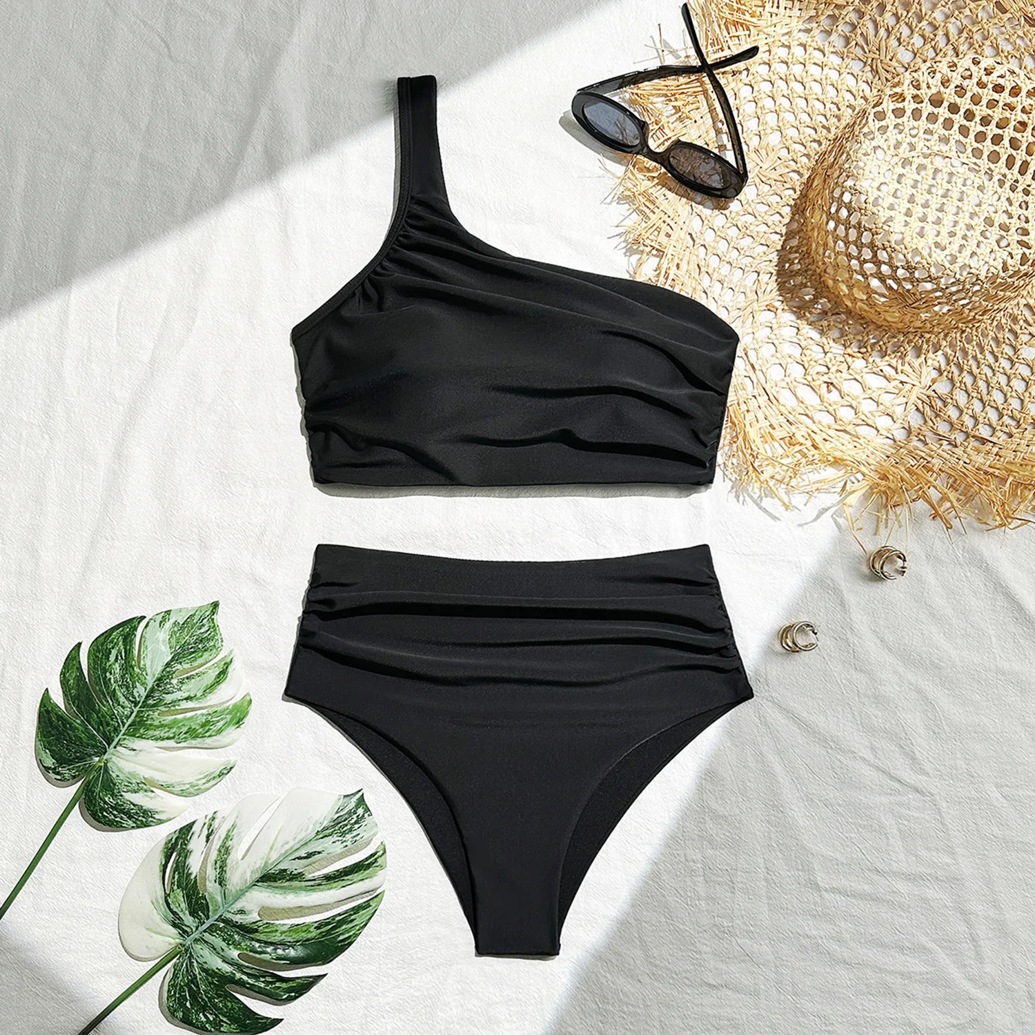 Sexy schlichte One-Shoulder-Bikini-Sets, zweiteilig, faltige Badeanzüge mit hoher Taille, Strandmode, Badeanzug, Bademode, Biquini, Tankini