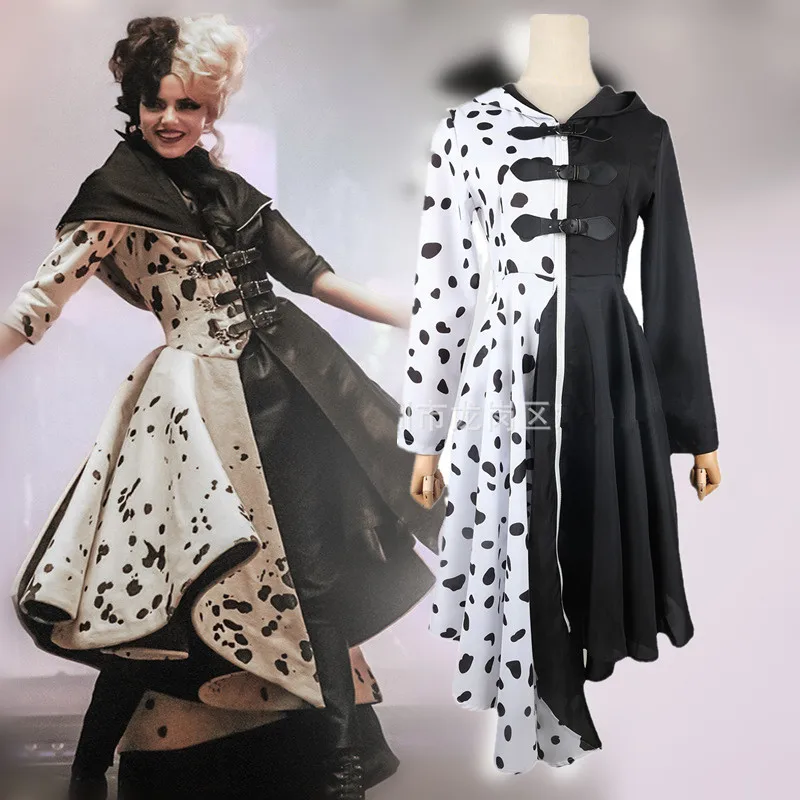 Disfraz De Cruella para mujer adulta, traje De Cosplay con capa y guantes para Halloween, Carnaval