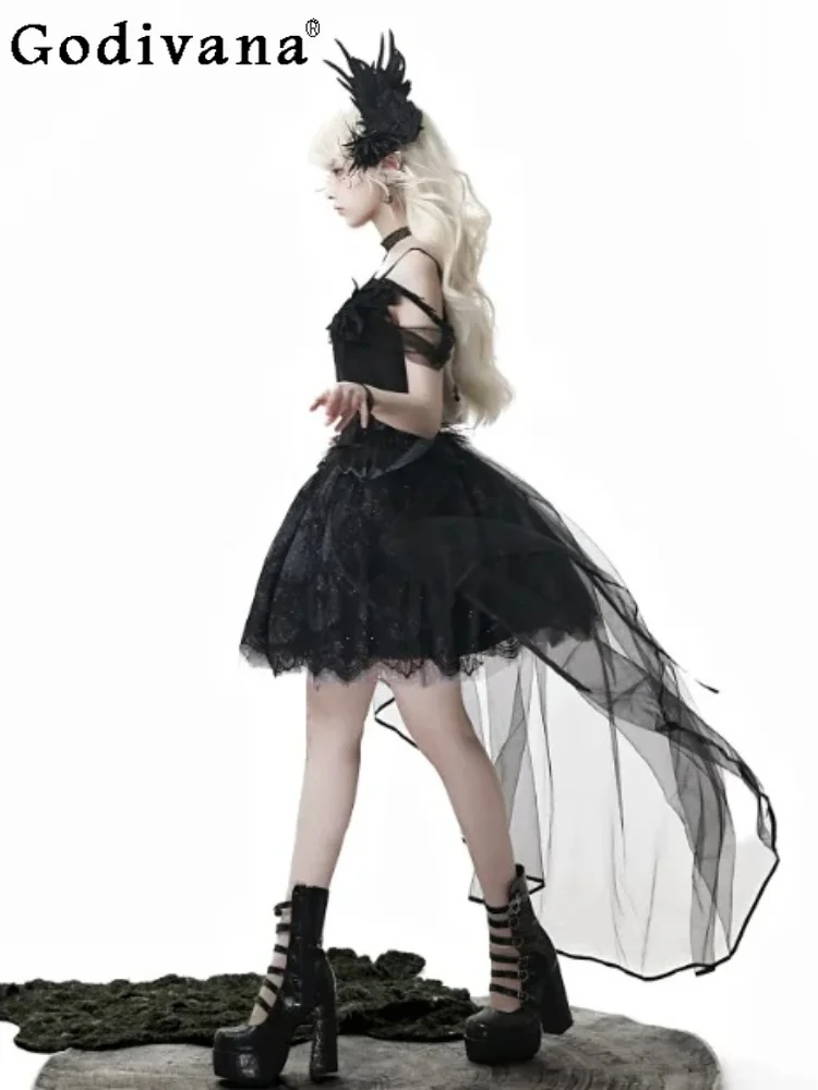 Lolita Dark Goth Girl Slash Neck Short Sleeve Trailing Dress Fashion High Waist Versatile Personality Black Princess Dresses