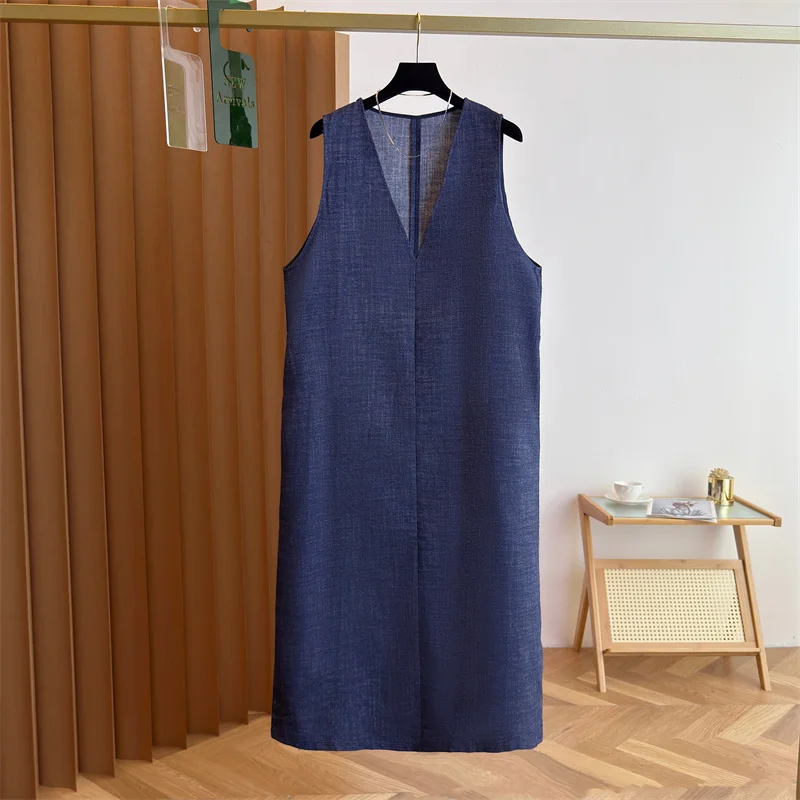 

Ретро-платье из хлопка и льна, повседневное, с эффектом денима, синее, без рукавов, миди, с V-образным вырезом, летнее, новая модель, женское платье