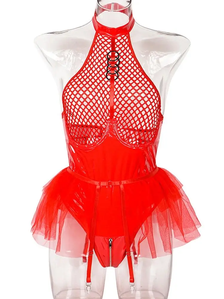 

S-XXL Halter Wet Look PVC Mesh Swimsuit Shiny PU Leather Zipper Open Crotch Bodysuit Tights Sexy Cosplay Body Teddies Clubwear