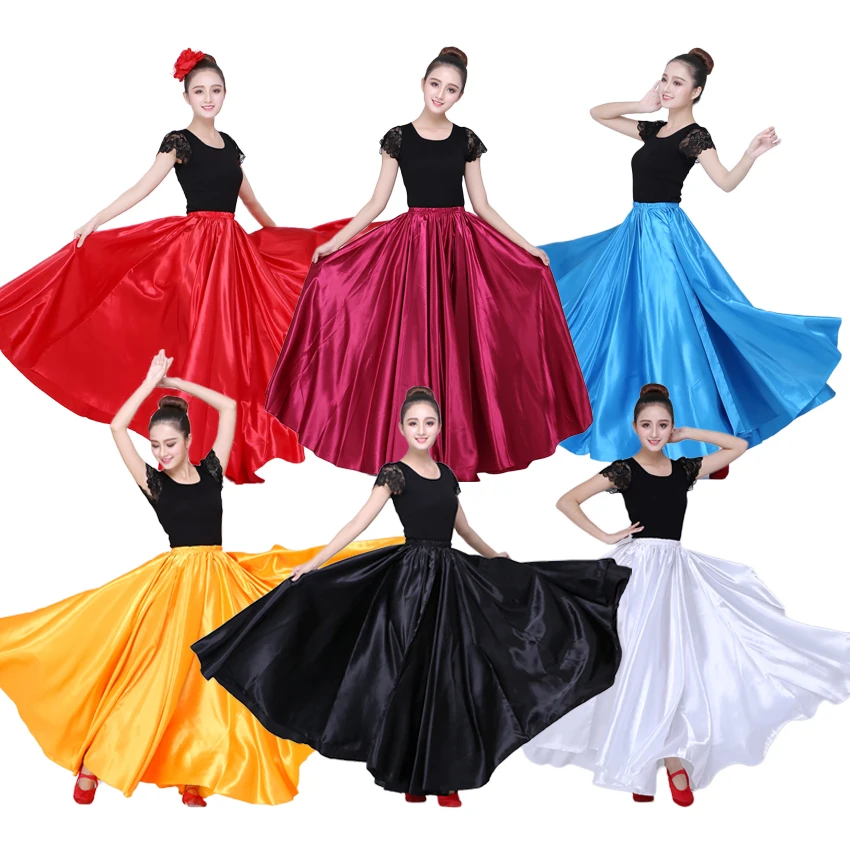 New10 Colors Satin Smooth Solid Spanish Flamenco Skirt Plus Size Performance Belly Dance Costumes Femal Woman Gypsy Style Skirt