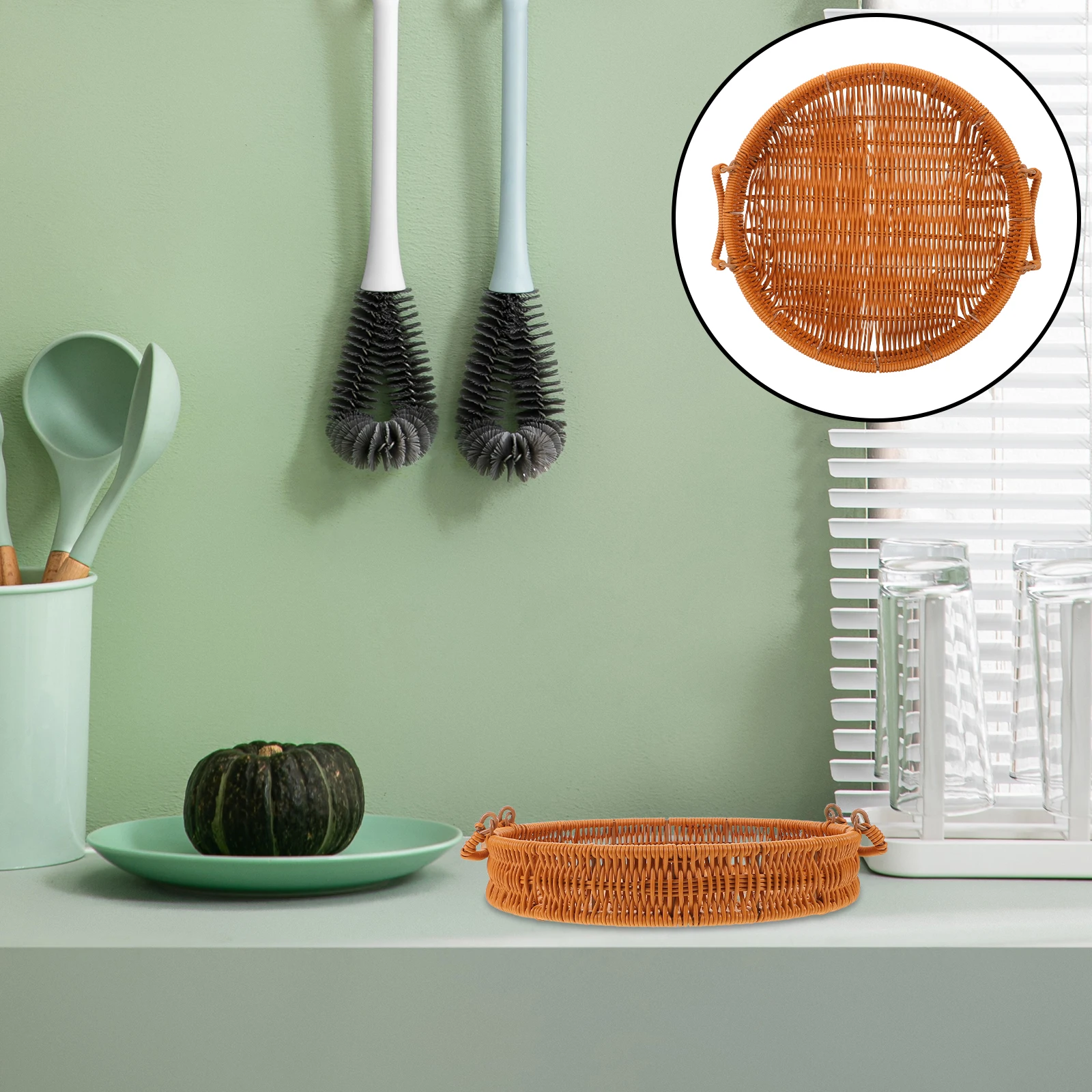 

12 Inch Round Imitation Rattan Storage Basket Hand Woven with Dual Handles for Kitchen Counter Coffee Table Fruit Bread Snack