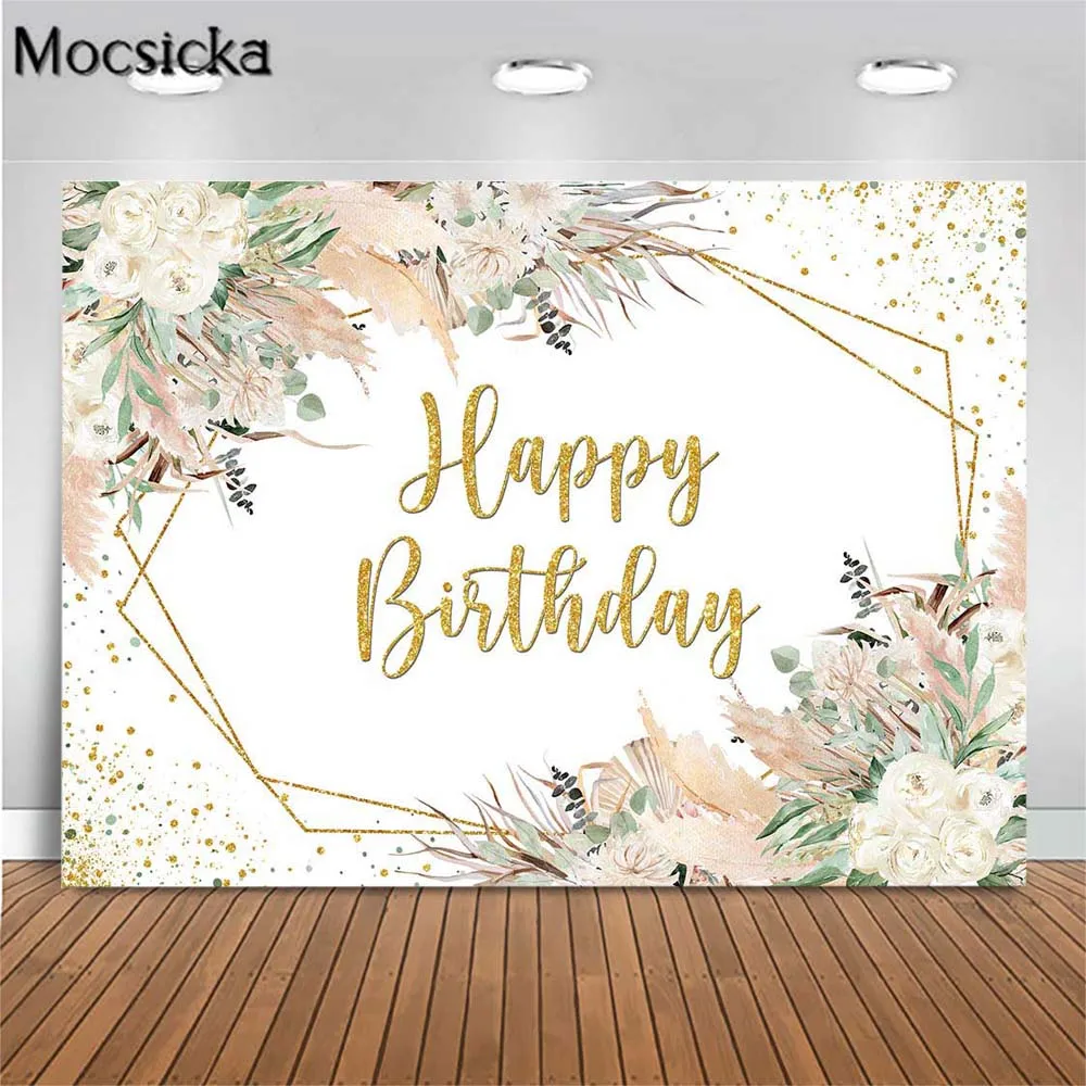 

Mocsicka Happy Birthday Photo Background Pampas Grass Flower Women Birthday Party Decor Backdrop Photography Props Custom Poster