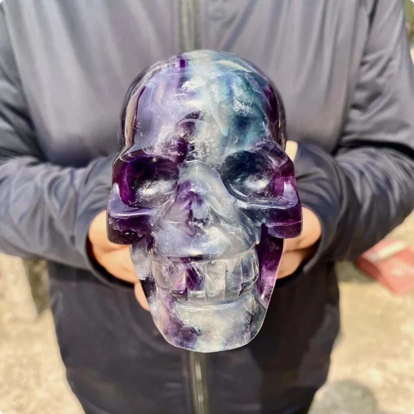 1.4-1.6kg Natural Colored Fluorite Skull Quartz Hand Carved Crystal Healing