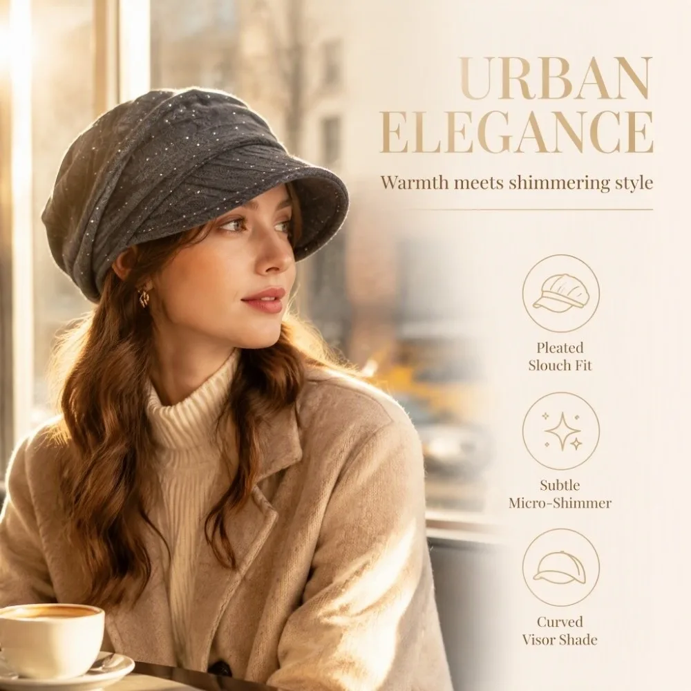 Elegant Soft Newsboy Beret Hat Shimmer Dots Decor Breathable Visor Hat Stretchy Foldable Knit Beanie Daily Travel