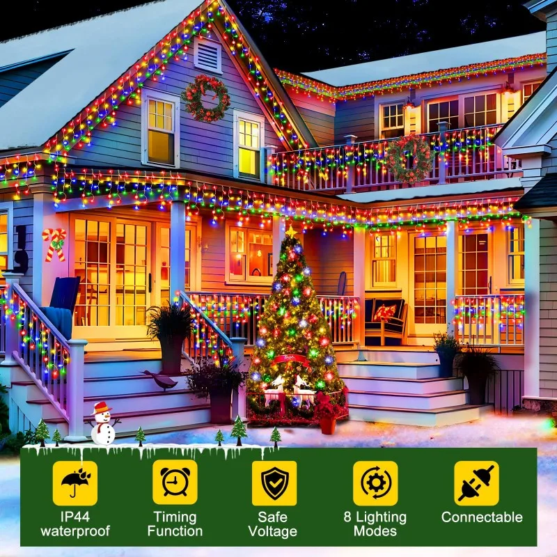 400 LED Christmas Outdoor Lights Christmas Day Curtain Lights String 8Mode Curtaing String Lights Waterproof Plug in Fairy Light