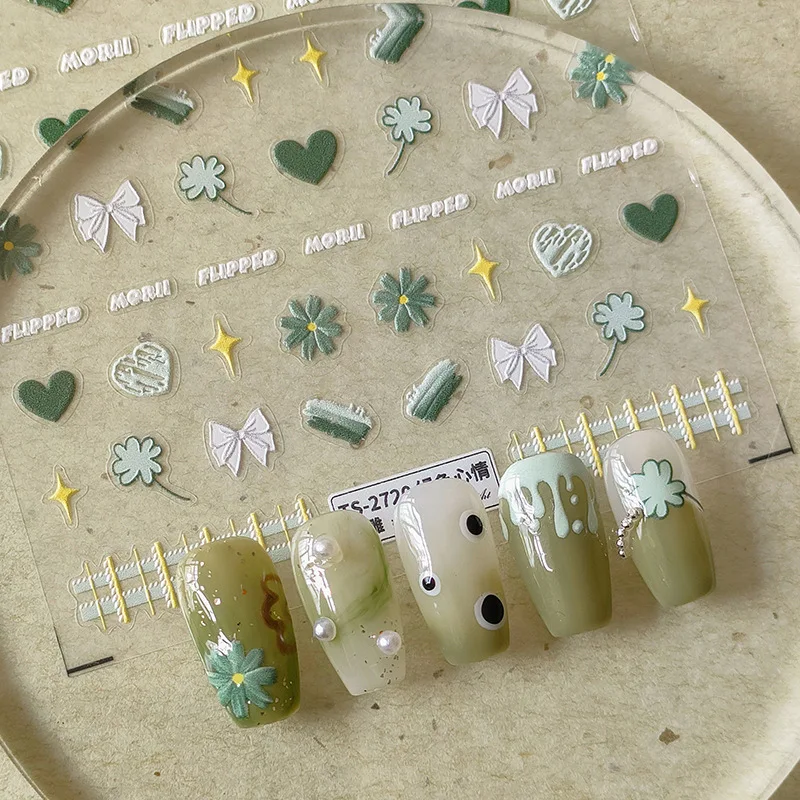 ネイルアート用のエンボス加工された5Dステッカー,装飾的なネイルアート,緑のムード,愛,弓,つや消し,透明,つや消し,高品質
