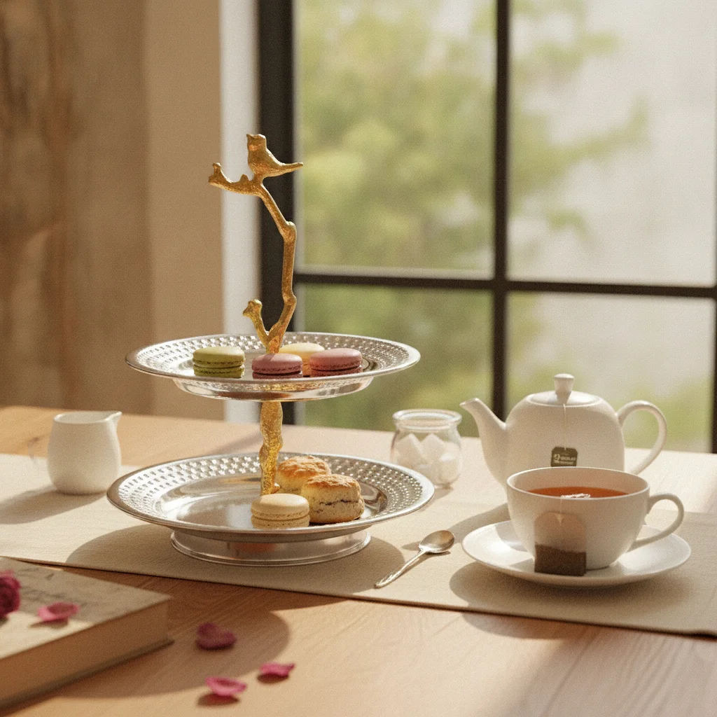 2-Tier Serving Tray Double-Layer Tiered Serving Tray Tiered Fruit Bowl Metal Fruit Basket with Stand Reflective for Hosts