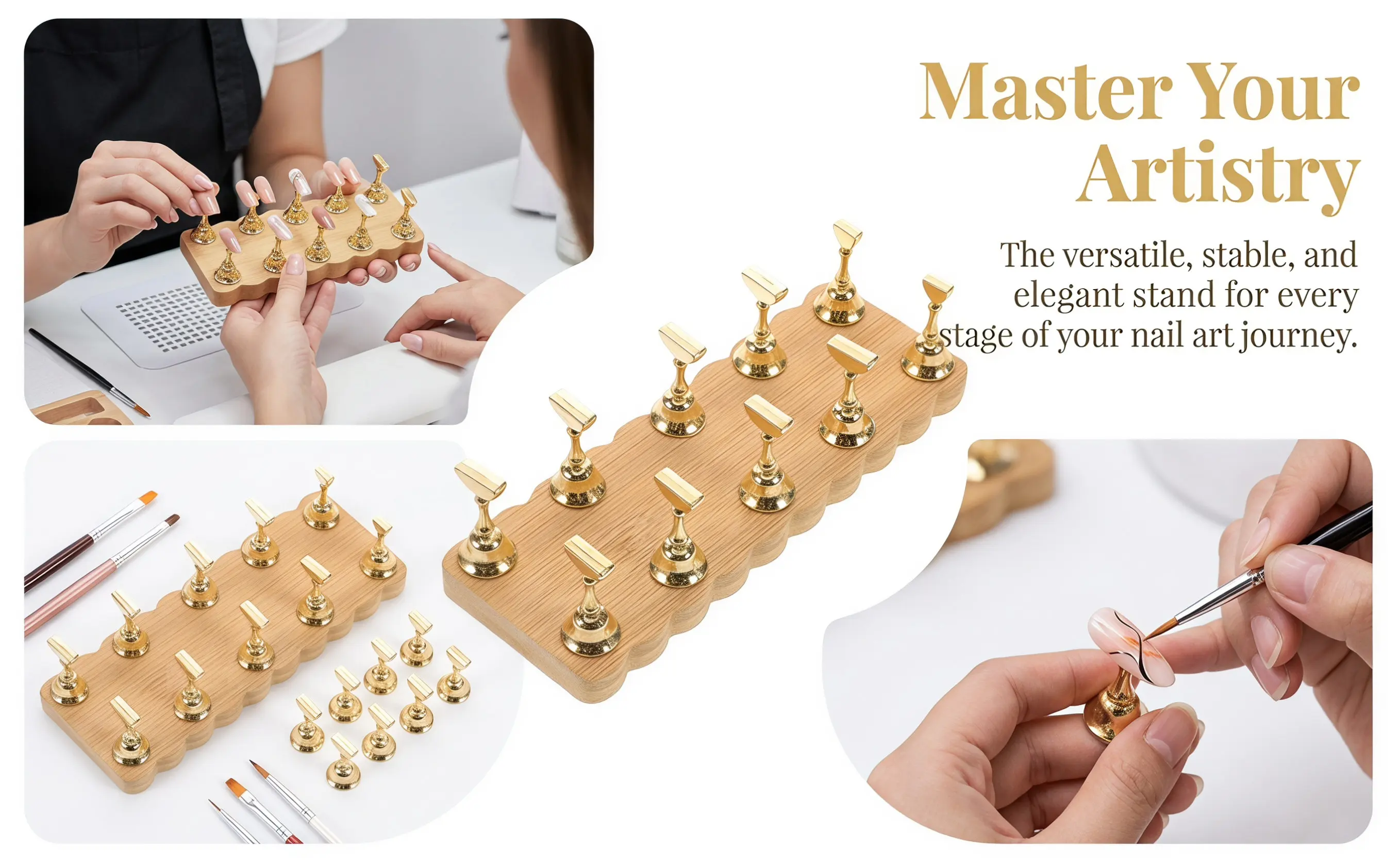 Nail Art Practice Base Minimalist Flower Edge Stable Wood Manicure Display Holder Salon Nail Tips Practice Stand Reusable
