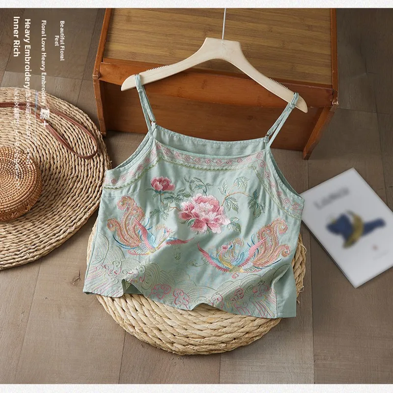 Chinese Style Heavy Embroidery Cotton Linen Loose Women's Vest Summer Top Trendy Camisole Inner Wear Short Plant Floral Pattern